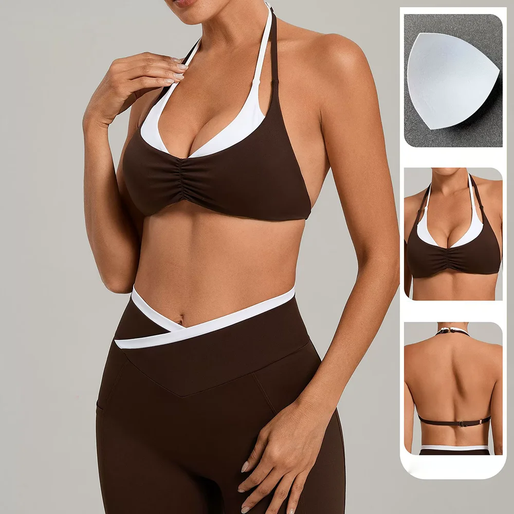 Fashionable Color-Blocking Sports Bras Neck-Hugging Tight Tops Sports Vests Running And Fitness Sports Bras Women's Casual Wear