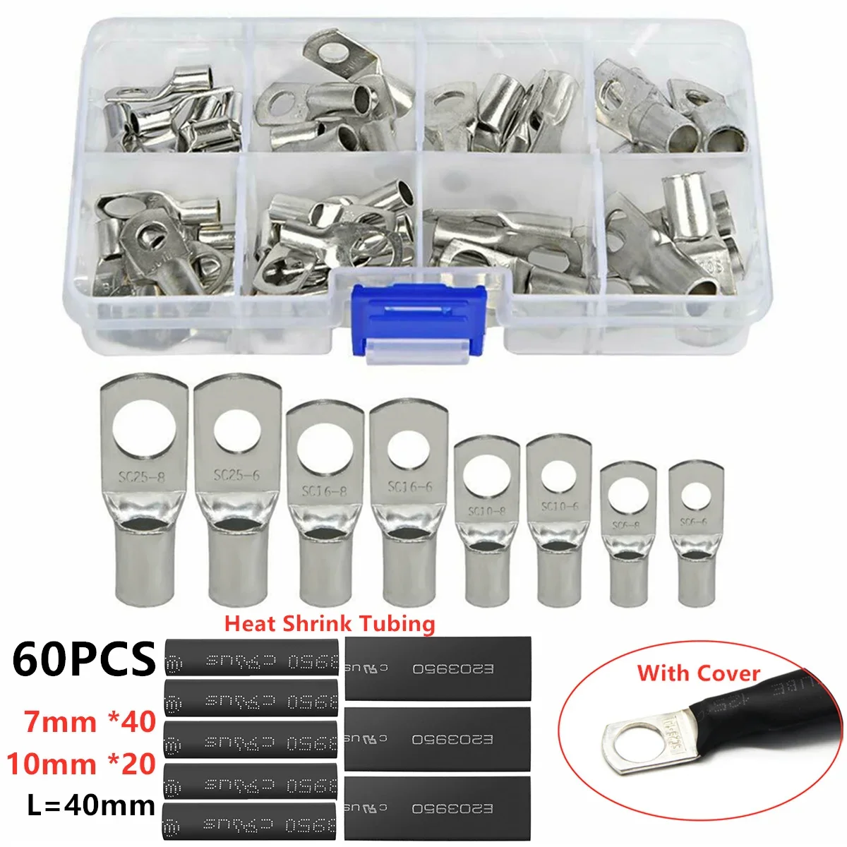 140 Pcs Assortment Copper Lug Ring Car Battery Terminals Electrical Wire Crimp Connector With Cover Automotive Kits