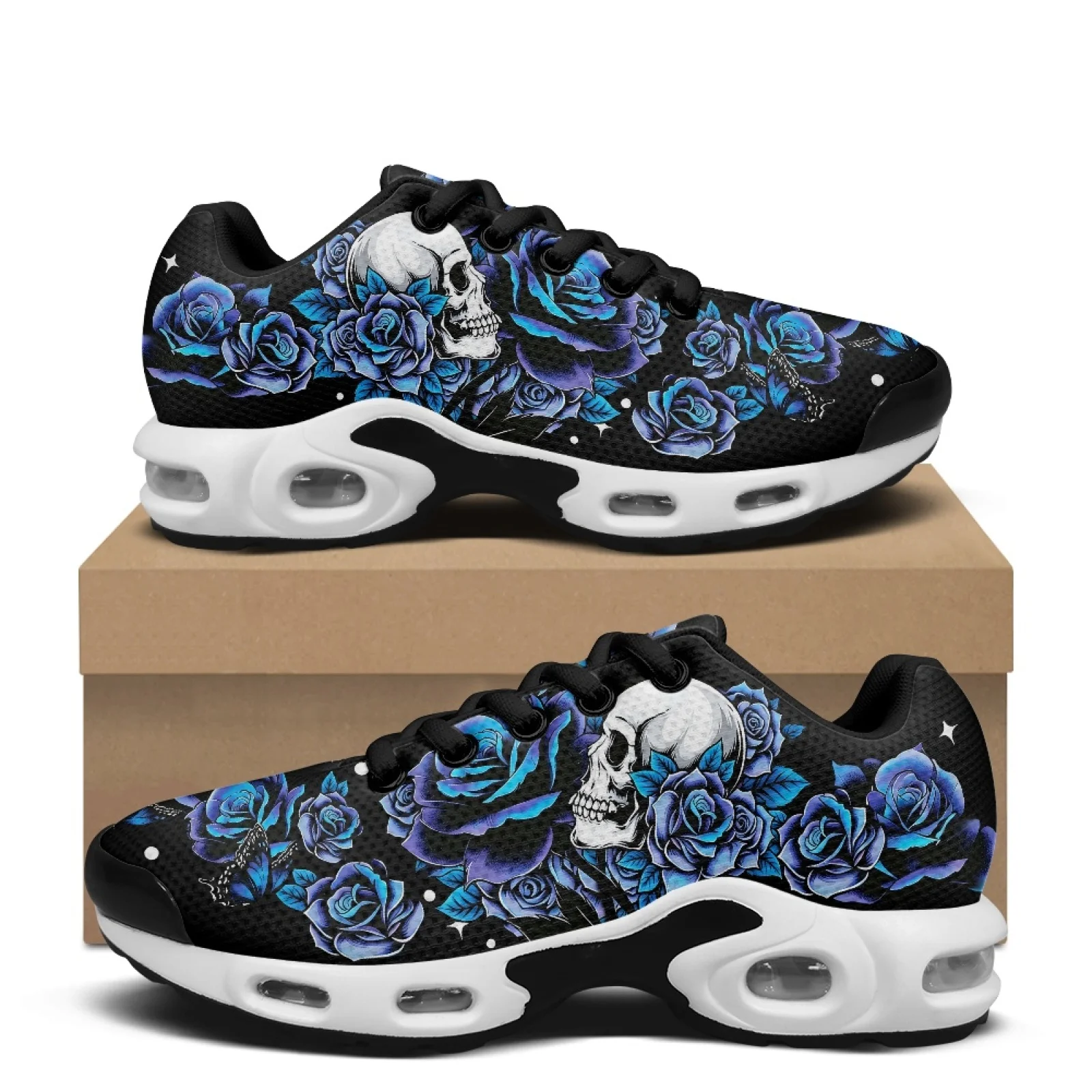 PENSTROLL Blue Rose Skull Pattern Breathable Non Slip Lace-Up Casual Shoes Athletic Sneakers for Men Gym Walking