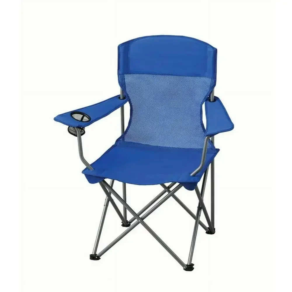 Blue Mesh Folding Camp Chair Lightweight Portable Cup Holder Outdoor Camping Hiking Garden Beach Mesh Back Foldable Steel Frame