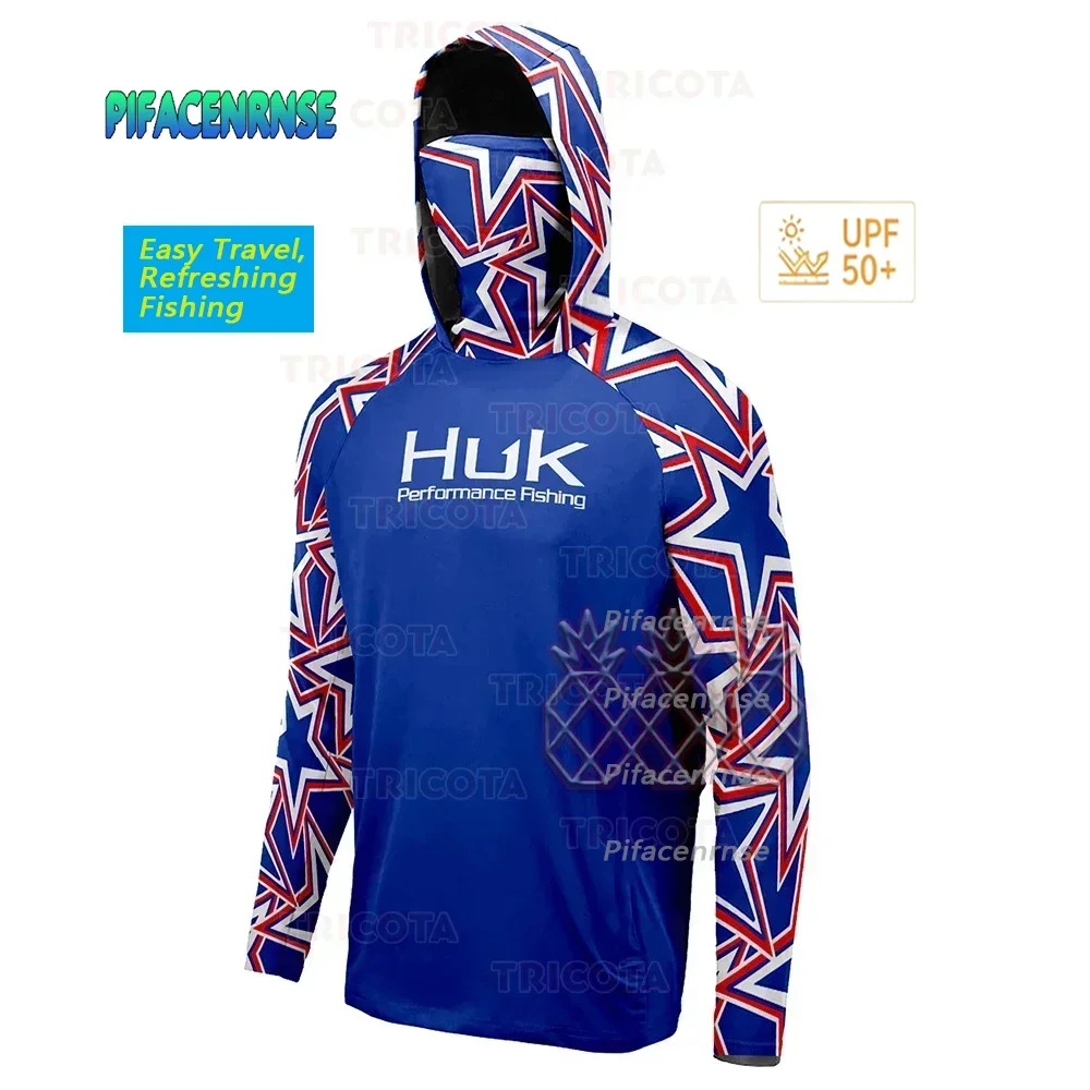 HUK Angelshirt-Hoodie mit Gesichtsmaske für Herren, atmungsaktiv, gegen Mücken, Angel-Performance-T-Shirts, langärmlig, Anti-UV-Kleidung