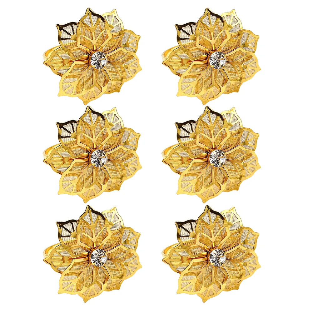 6Pcs Golden Napkin Holders Fine Craftsmanship Rhinestone Flower Design Anniversary Holidays Table Setting Gift