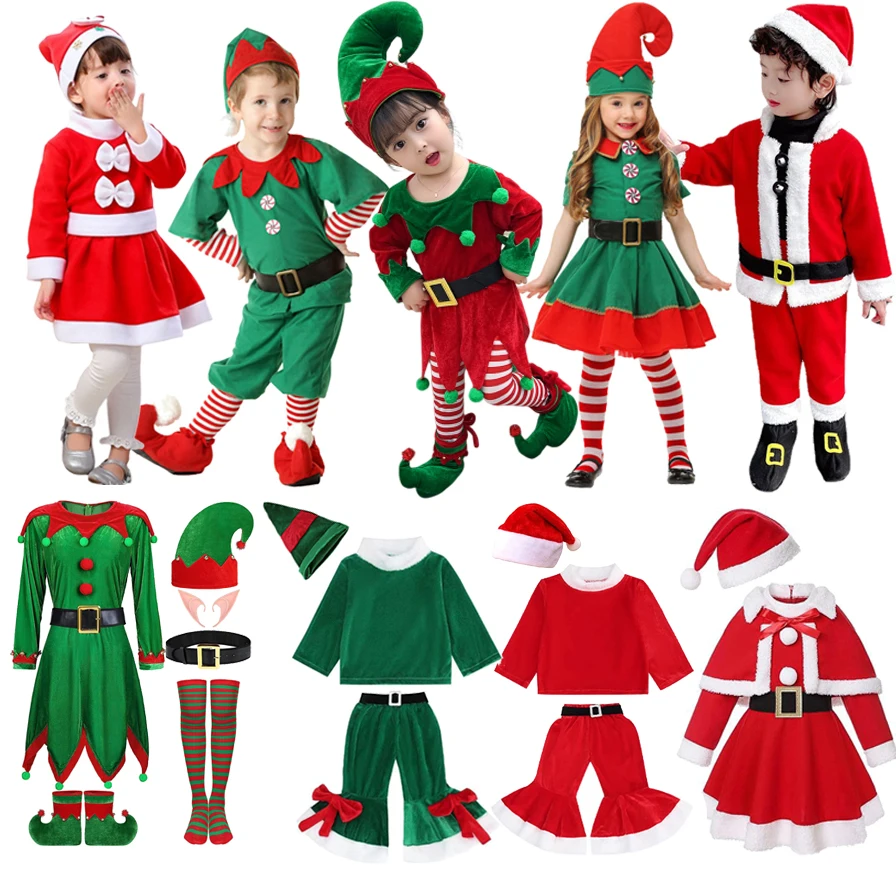 Kids Christmas Santa Clause Green Elf Girls Cosplay Costume Dress With Tops Hat Belt Shoes Striped Stockings for Boys Xmas Party