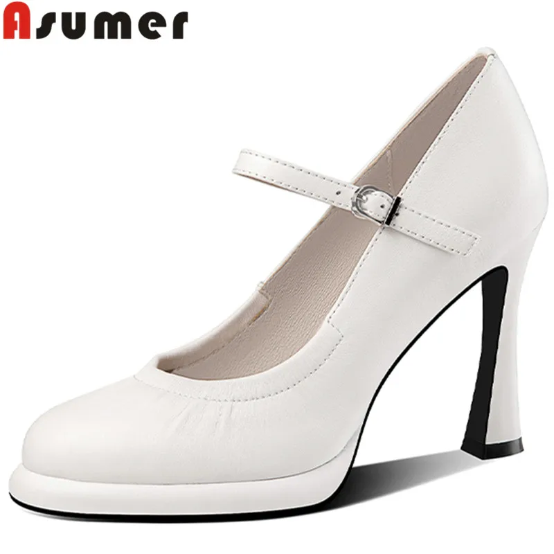 

ASUMER 2022 New Buckle Ladies Thin High Heels Platform Dress Shoes Genuine Leather Shallow Shoes Fashion Women Pumps