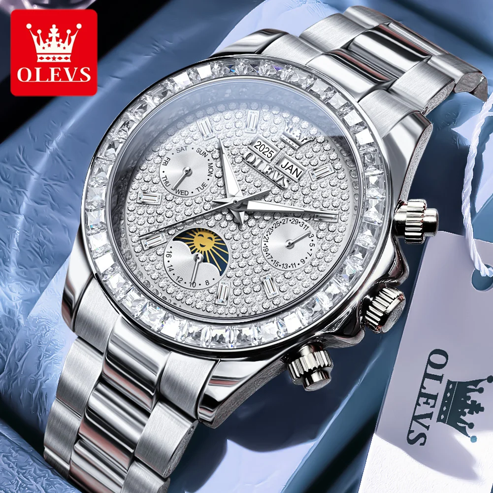 OLEVS 7038 ساعة رجالي أصلية ساعة ميكانيكية أوتوماتيكية الماس الهاتفي مقاوم للماء مضيئة مرحلة القمر المزدوج التقويم ساعة الهدايا
