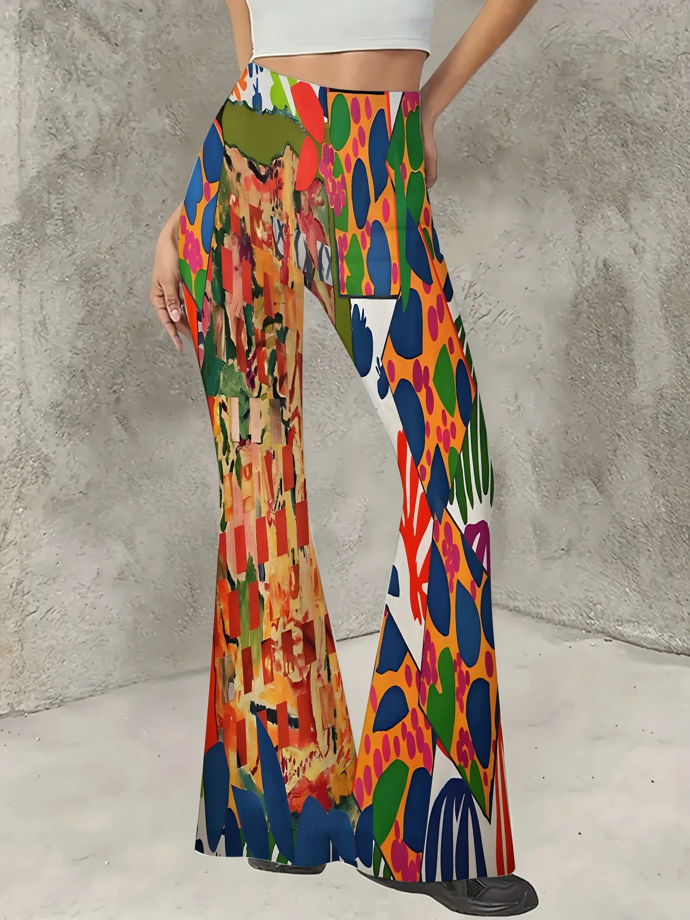 

Women's Flared Pants Colorful Abstract Patchwork Print Trousers Stretchy Casual Bell Bottoms for Streetwear