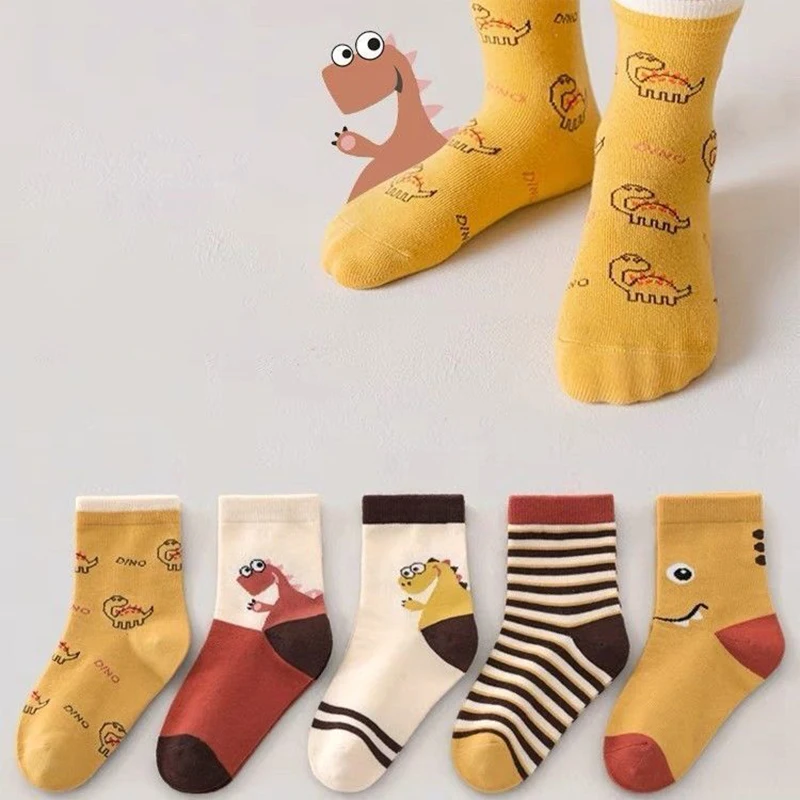 5 Pairs Boys Dinosaur Socks Autumn and Winter Children Student Socks Baby Cotton Cartoon Animal Medium Length Stockings