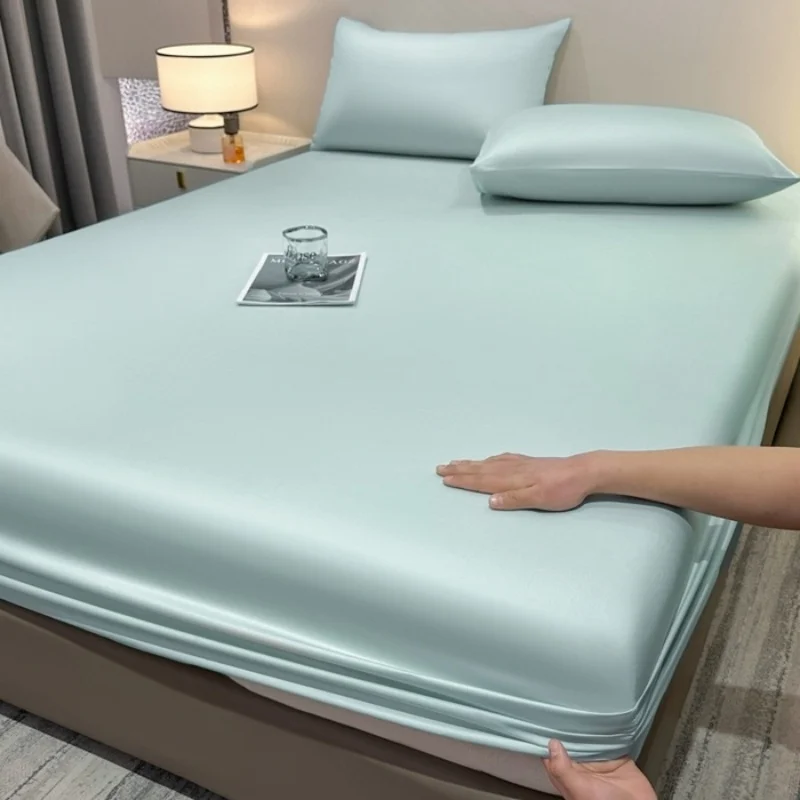 Light Blue Green Fitted Sheet Mattress Cover 360 Around Band Lyocell Summer Cooing Bedding 183*203+40cm Deep Pocket 1 piece