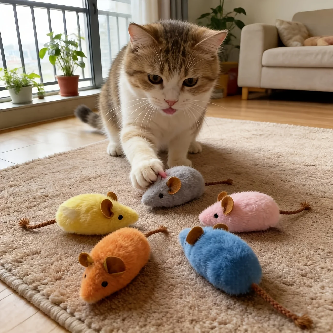 5Pcs Long Tail Squeaky Plush Mouse Cat Toys, Random Color Fishbone Chew Toy, Durable Teeth Cleaning Interactive Kitten Companion