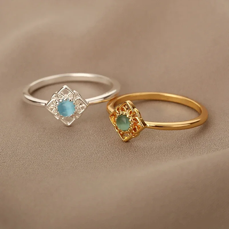 Lotus Flower Rings for Women Gold Color Stainless Steel Opal Natural Stone Ring Vintage Boho Wedding Engagement Jewelry Gift