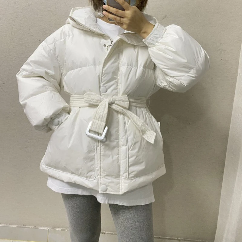 New Down Coat Winter Women\'s Warm Bread Clothes White Duck Down Jacket For Woman Short Casual With Waist Belt Outer Wear