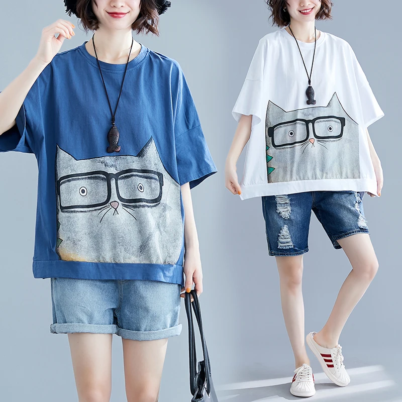 

2024 New Arrival Summer Arts Style Women Casual Loose Fit Short Sleeve Tops Tees Cartoon Print O-neck Cotton T-shirt S98