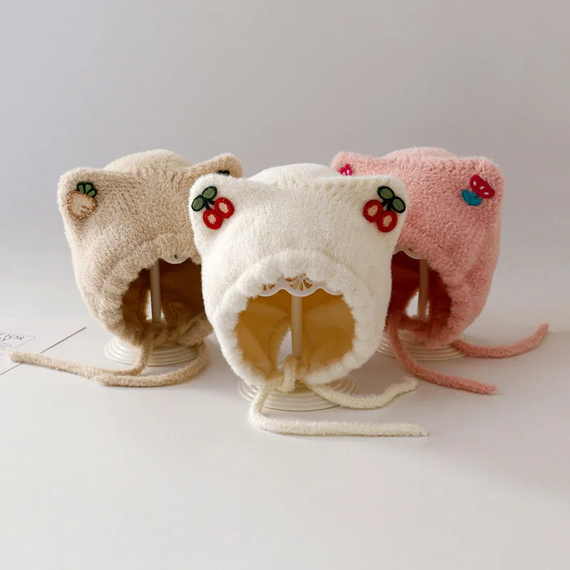 

Зимняя детская плюшевая шапка для защиты ушей, милый головной убор вишневого цвета для малышей, толстые теплые детские наушники, шапка для детей 8-36 месяцев, детские шапочки