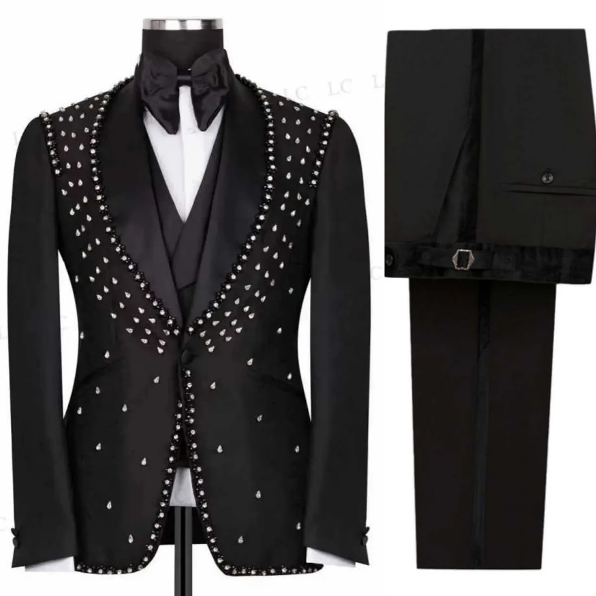 

Exquisite Wedding Tuxedos Crystal Beaded 2 Pcs Jacket Pants Men Suits Fashion Shawl Lapel Groom Wear Party Suit Customized