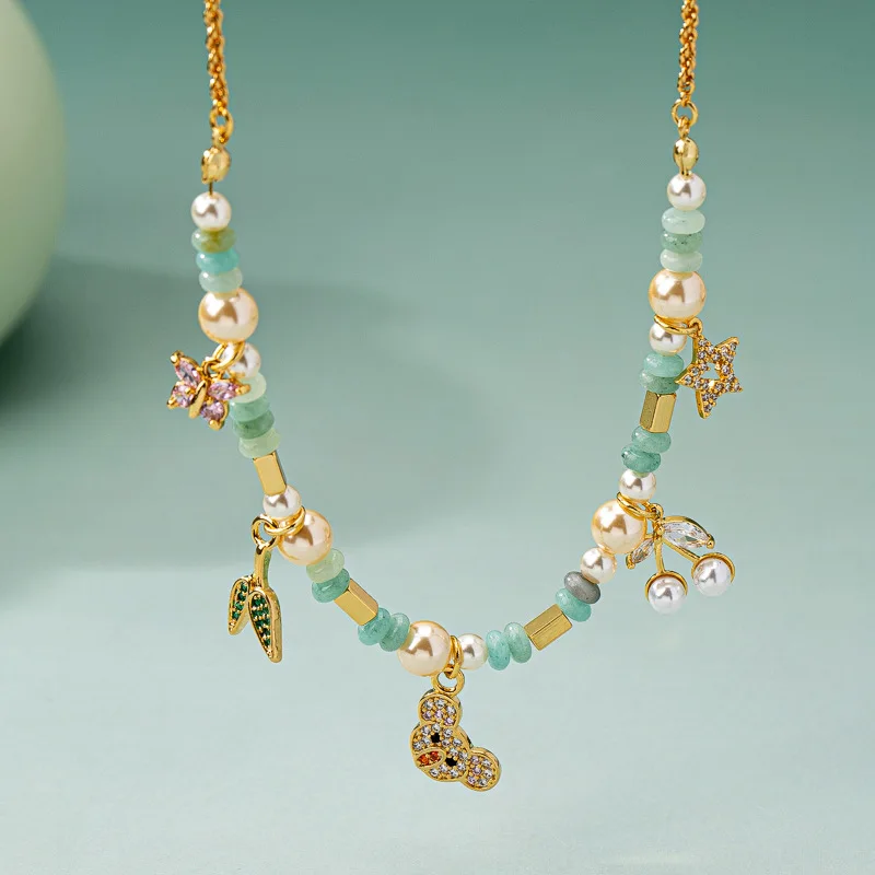 

Niche Design Natural Stone Beaded Necklace Retro High-end Sense Multi Pendant Ancient Forest Style Hanfu Clavicle Chain Women