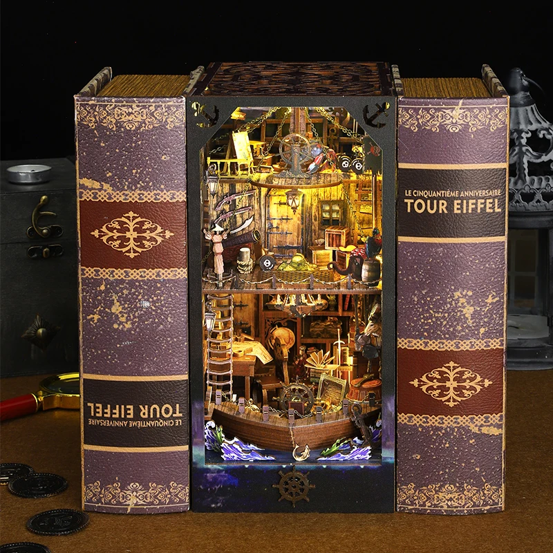 DIY Wooden Book Nook Shelf Insert Miniature Model Kits Magic Pirate Ship Bookshelf Handmade Bookend for Friends Birthday Gifts
