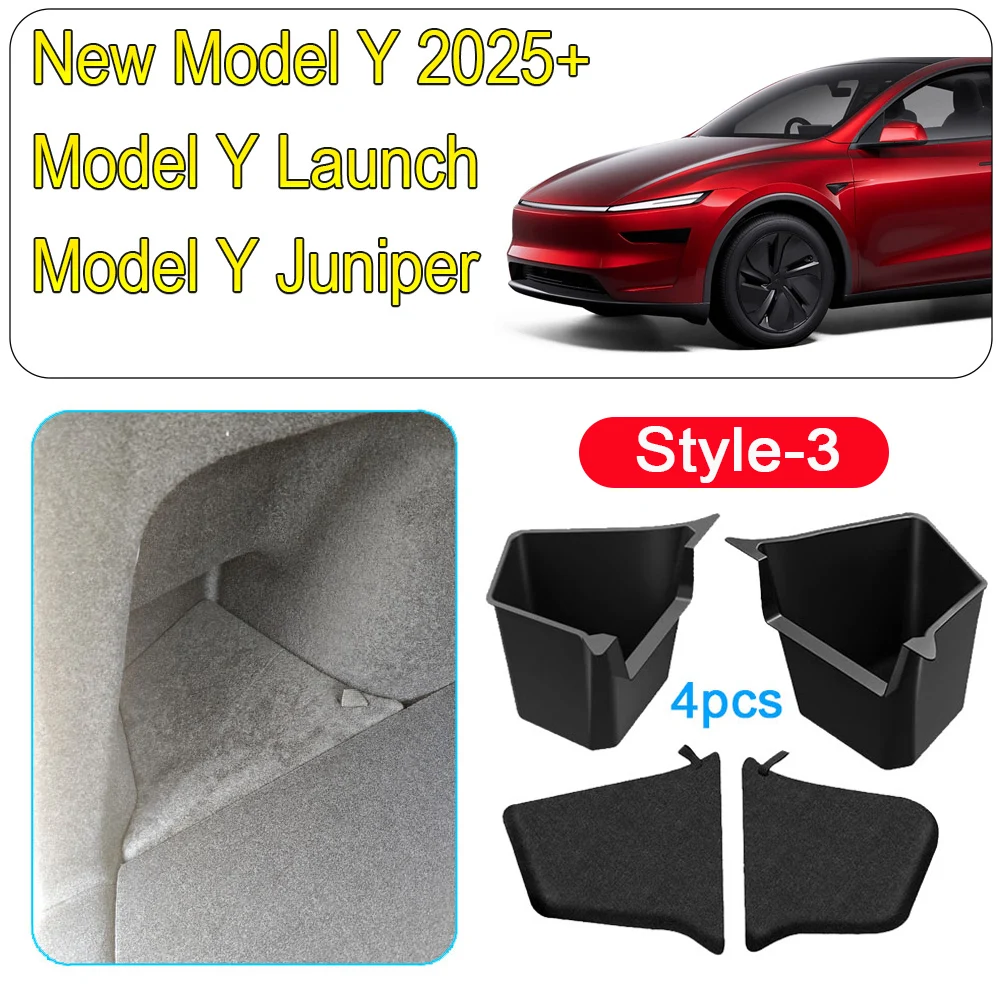 Für 2025 2026 Tesla Model Y Juniper: Kofferraum-Seitenablagebox, Kofferraumbehälter mit Flock- oder TPE-Abdeckung, Kofferraum-Organizer-Matten, Zubehör