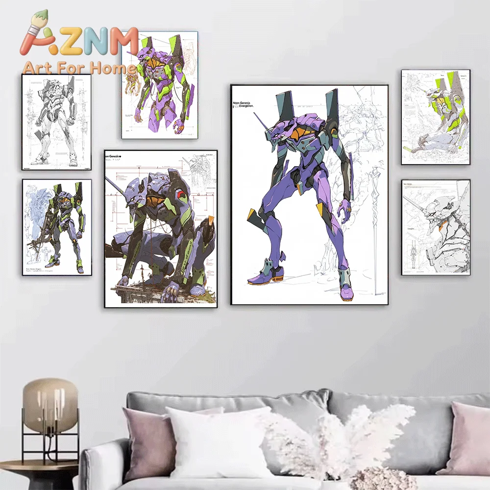 Neon Genesis Evangelion Anime Canvas Wall Art, EVA Unit 01 Mecha Action Sketch Art Print, Unframed Canvas Painting for Bedroom