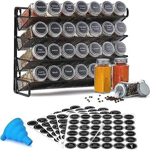 4-Tier Black Storage Shelf Spice Jars Organizer, Hollow iron art Countertop Seasoning Rack for Kitchen Seasoning Storage Bottles