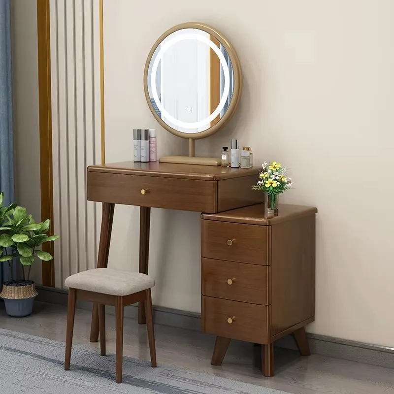 Modern Solid Wood Dressing Table Vanity LED Mirror Make Up Table Dressers Organizer Storage Penteadeira Quarto Bedroom Set