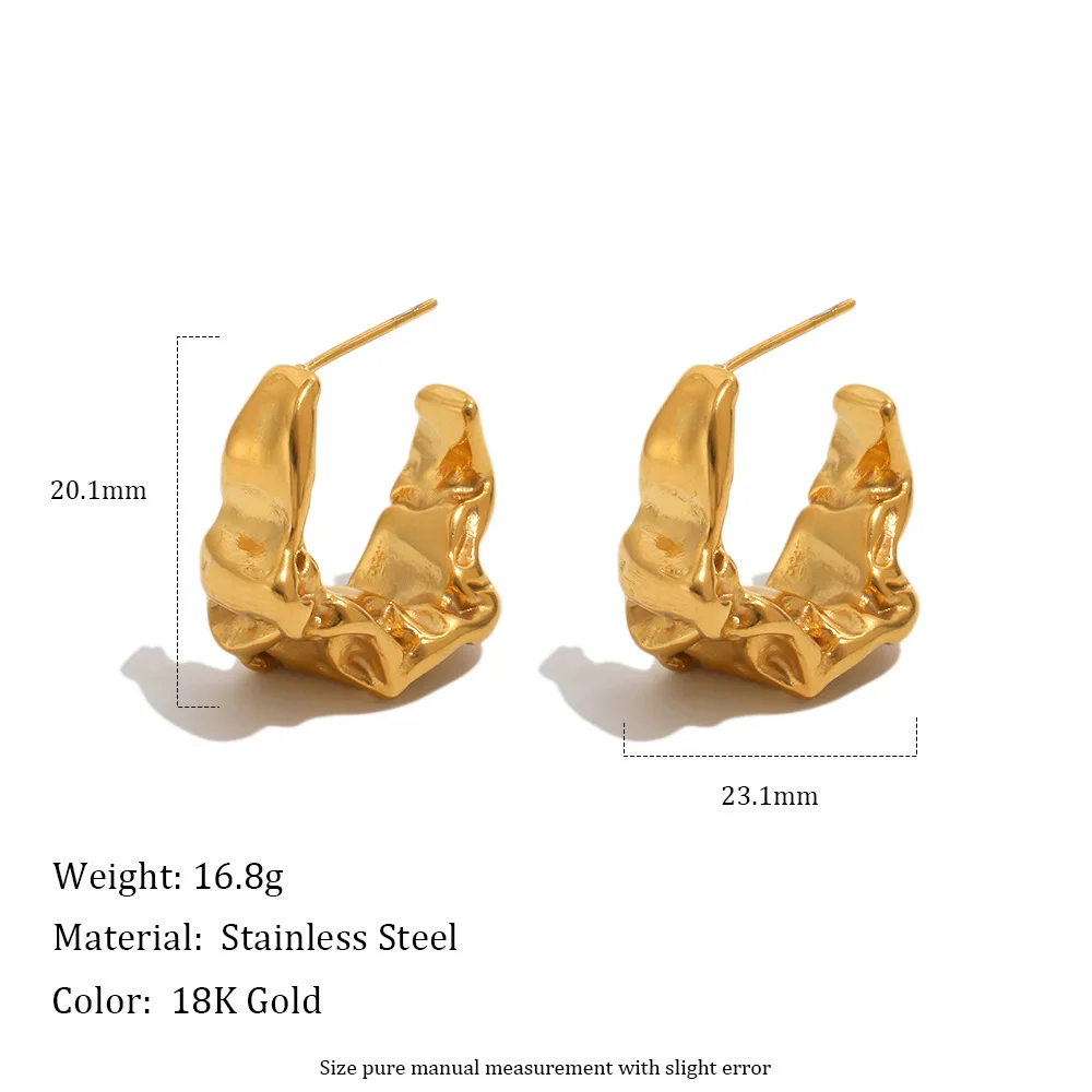 Waterproof 18K Gold Plated Hammered Gold Ruffled Metal Stud Earring for Women Jewelry Gift Non Tarnish