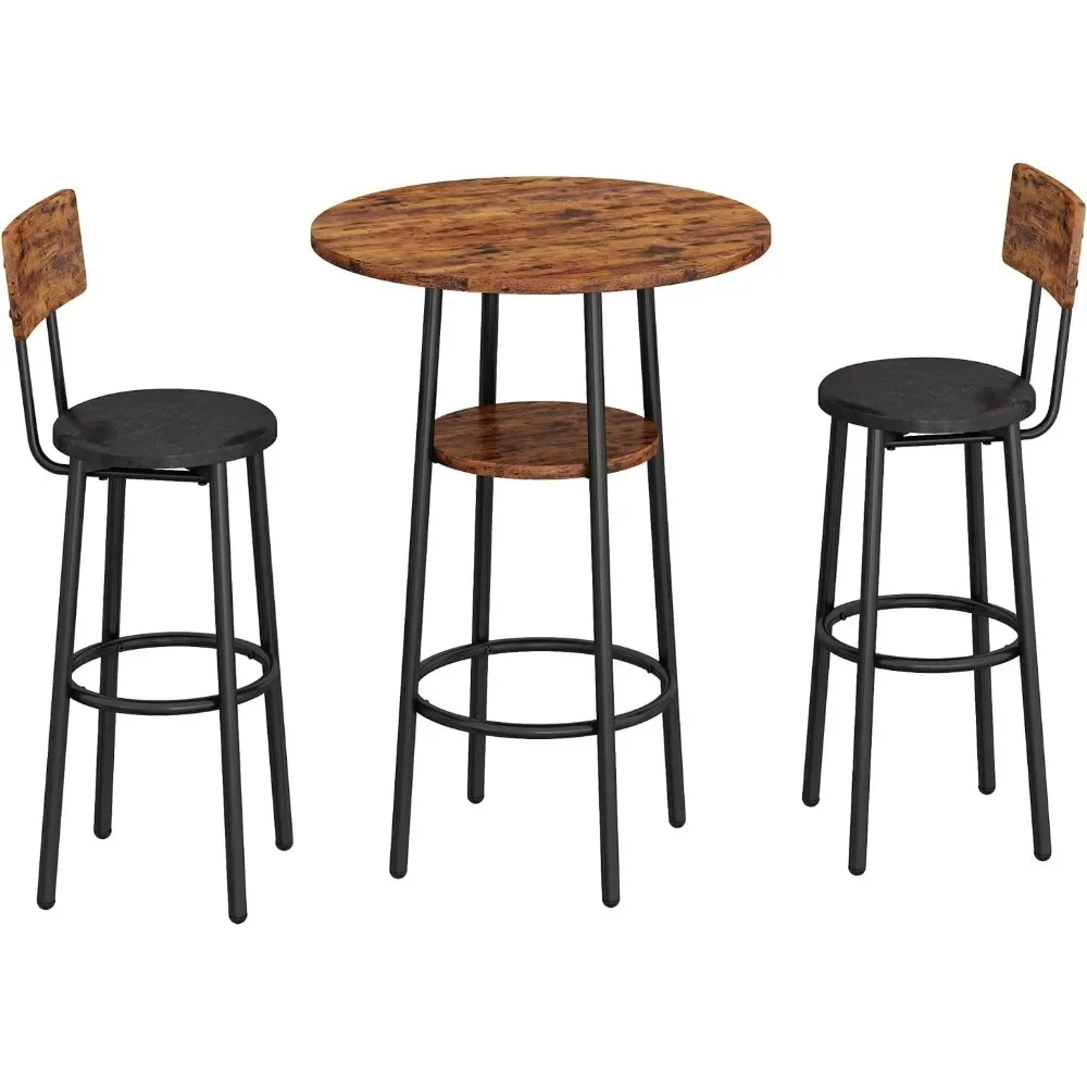 3-Piece Bar Table Set for 2, Small 2-Tier Round Bistro Pub Dining Table & PU Upholstered Stools with Backrest