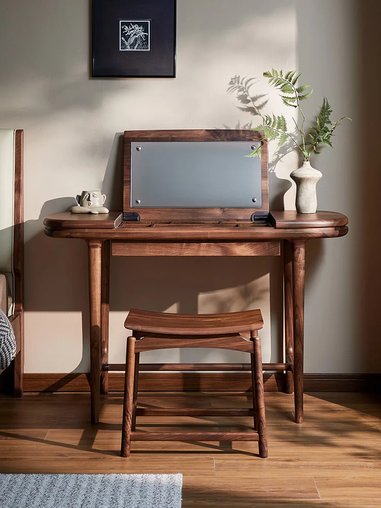 

North America Black Walnut Wooden Dressing Table Bedroom Simple Modern Solid Wood Makeup Table Italian Flip Dresser