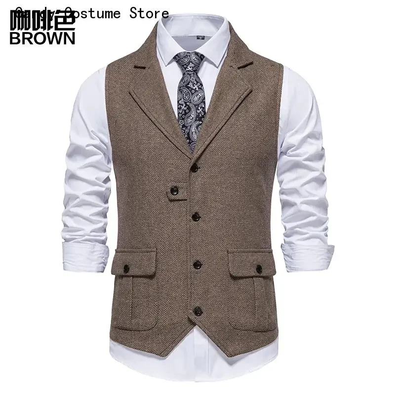 Men's Vintage Brown Vest Spring New Single breasted Suit Vest Brand Formal Coat Turn-down Collar Dress Tuxedo