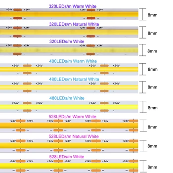 8mm COB LED Strip ความหนาแน่นสูง 320 480 528 LEDs/m DC12V/24 V Linear Light Bar อบอุ่นธรรมชาติเย็นสีขาวสําหรับตกแต่งแสง