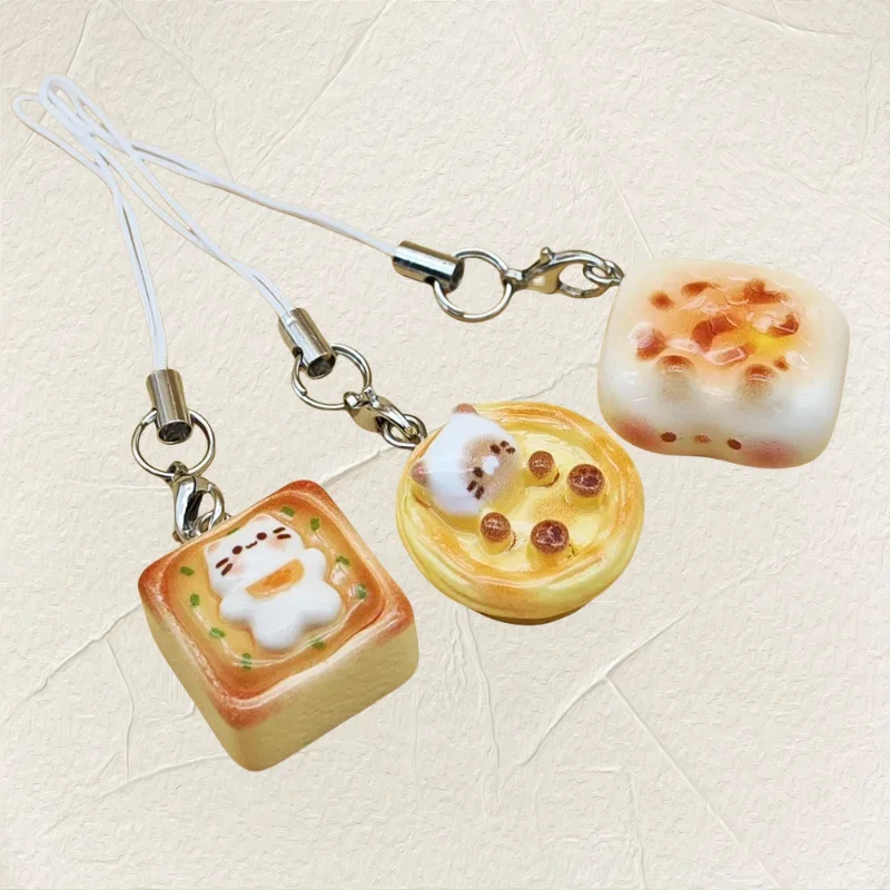 3pcs Set Japanese Style Cute Cat Bread Phone Charms Kitten Toast Keychains Kawaii Lanyard Pendant for Bags Perfect Gift