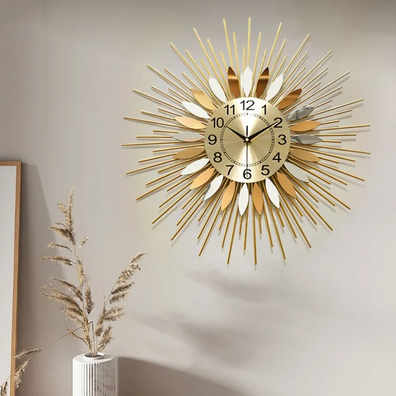 Nordic Luxury Wall Clock Large Living Room Creative Metal Wall Clock Unique Sunburst Shape Decoration Clocks Artistic Home Decor