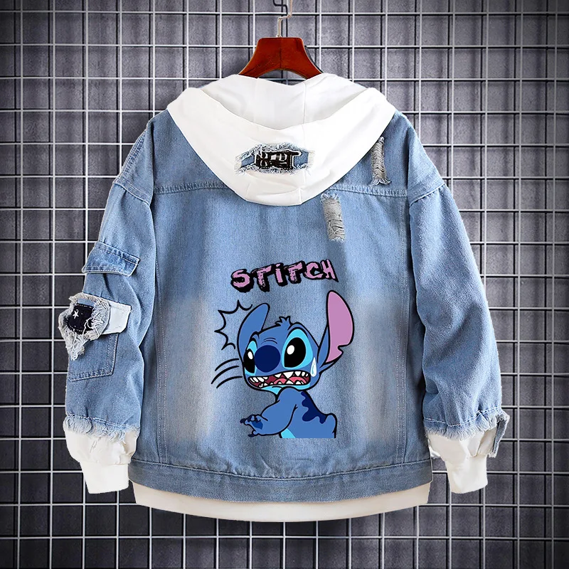 Disney Anime Stitch Children Denim Jacket Cute Loose Fitting Spring Autumn Hooded Sweater Outdoor Sport Coat Boy Birthday Gift