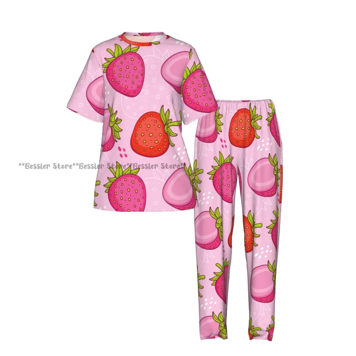 Women's Pink Strawberries short sleeve trousers casual pajamas set