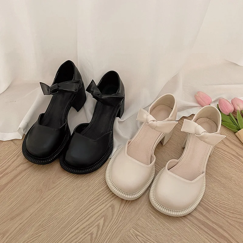 Tacchi alti temperamento semplice da donna 2022 primavera nuovo fiocco retrò scarpe da donna moda ragazza tendenza scarpe in pelle nera Femme Zapatos