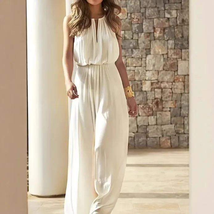 High Waist Elastic Waist Jumpsuit Loose Fit Long Pants Polyester Fiber Spring Seasonal Women's One-Piece Suits Chinese Made