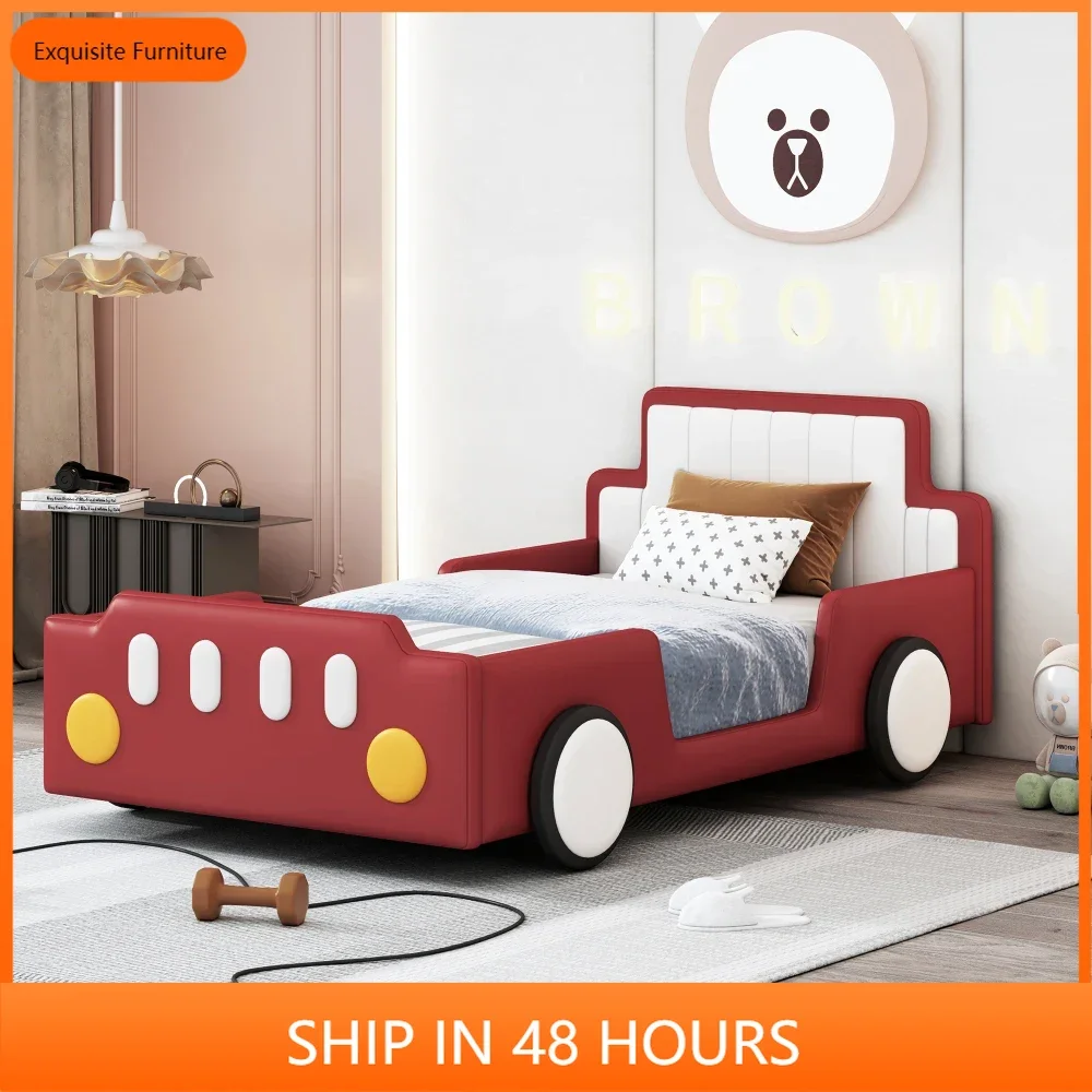 

Twin Size Race Car-Shaped Platform Bed with Wheels,Red