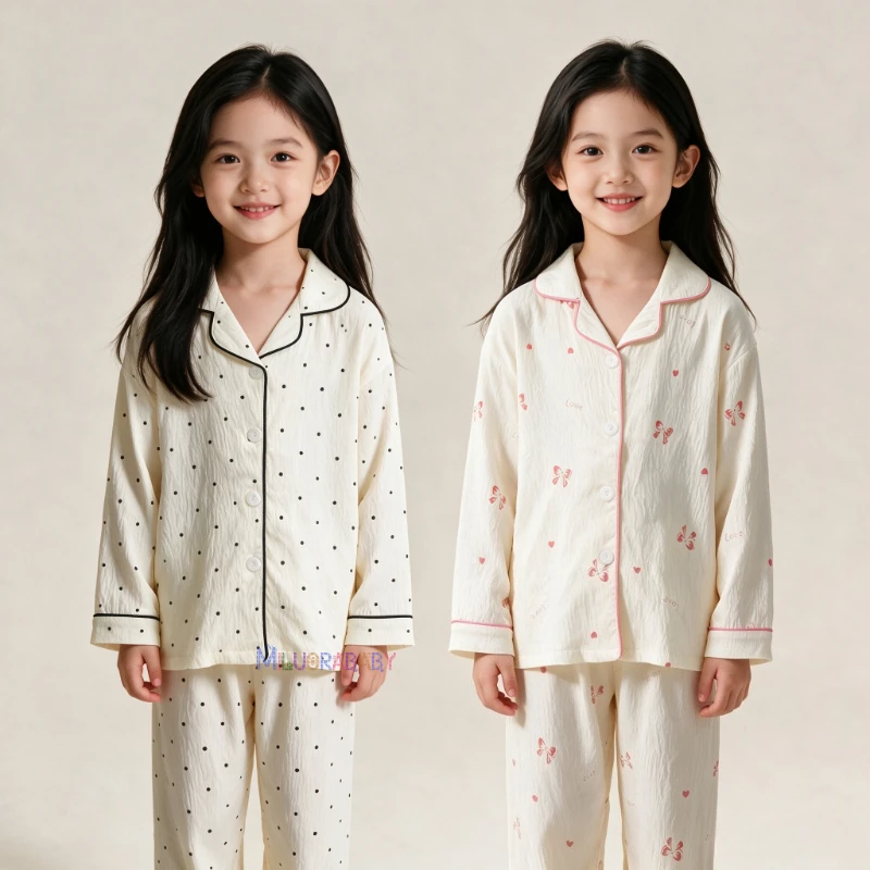 Korean Kids Dot Print Girls Pajamas Set Girls Long‑Sleeve Lapel Home Wear Soft Breathable Children Sleepwear Two‑Piece Suit