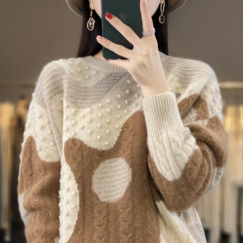 Autumn and Winter 100 Pure Cashmere Sweater Women's Round Neck Pullover Thick Matching Color Sweater Loose Fashion Wool Knit Bas