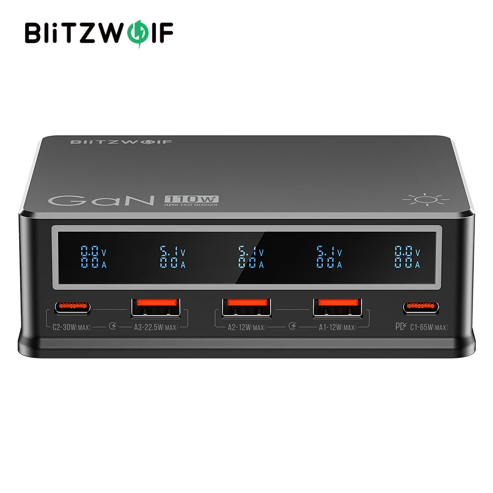 Blitzwolf BW-i9 110W 5-Port USB PD Charger 3USB-A+2USB-C PD3.0 QC3.0 PPS AFC FCP SCP PE Fast Charging Desktop Charging Station