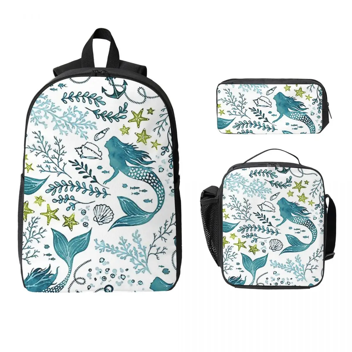 Mermaid Ocean Light Backpack Student BookBag School Bag Computer Shoulder Bags 3ps Insulated Lunch Bag Pencil Case