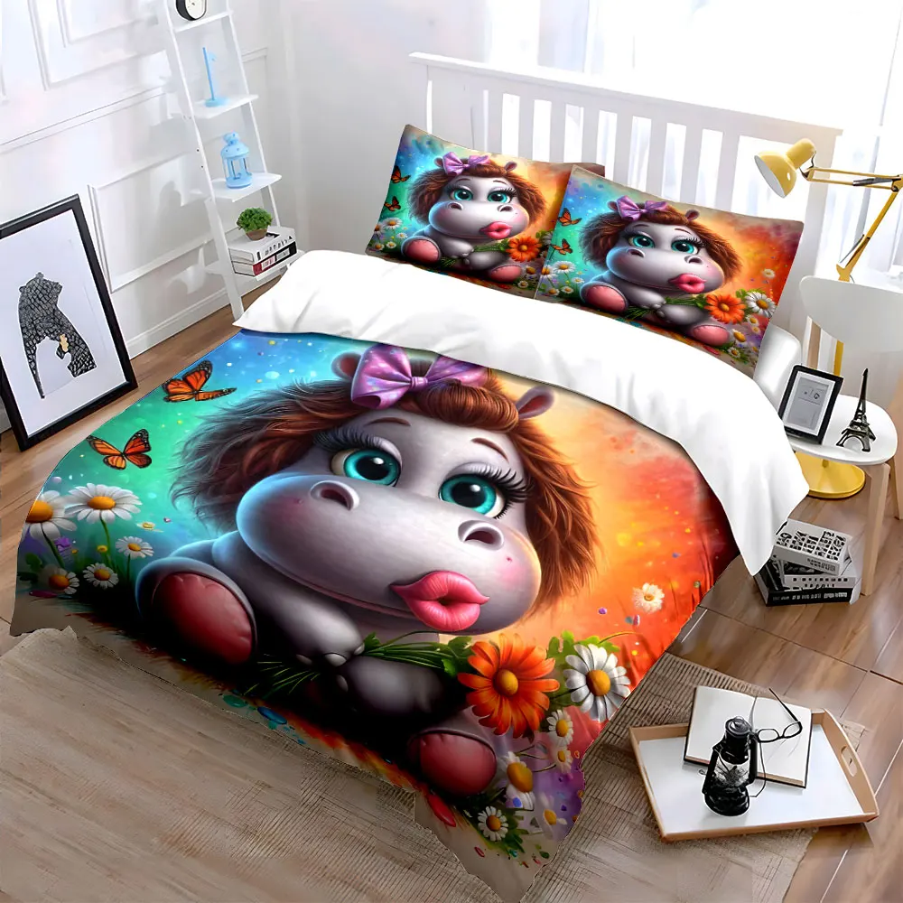 Cute animal in colorful flowers Pattern Duvet Cover Set Digital Print Colorful Polyester Bedding with Zipper Closur for gifts