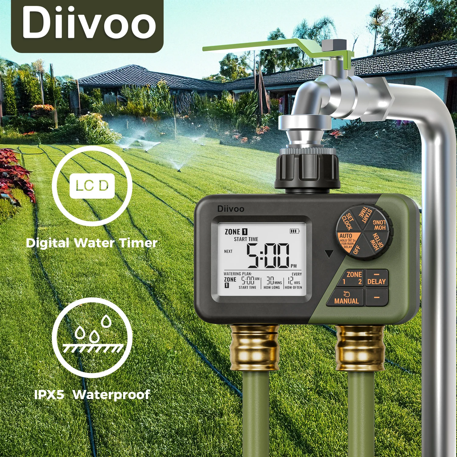 Diivoo Garden Water Timer 2 Outlets IPX5 Waterproof Multi-Functional Automatic Irrigation Timer with Rain Delay/Manual/Auto Mode