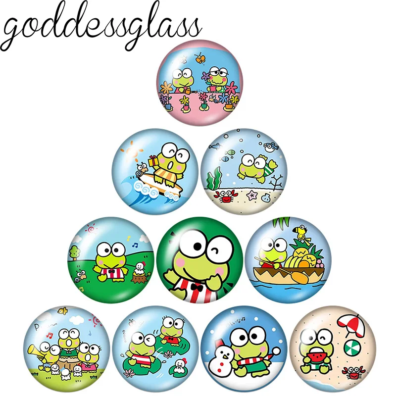 MINISO Keroppi Cute frog Cartoon 10pcs 12mm/18mm/20mm/25mm Round photo glass cabochon demo flat back Making risultati bracciali