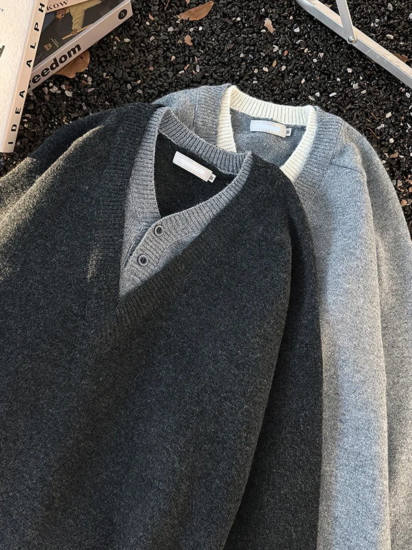 

Мужской вязаный свитер большого размера с V-образным вырезом, повседневный, свободного кроя, в стиле колор-блок, осенне-зимний, новый, комфортный, с эффектом двухслойности