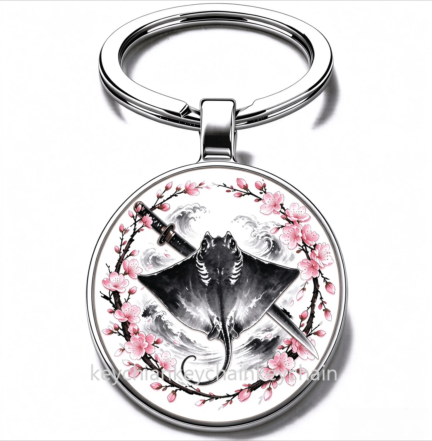 Japanese Ray Cherry Blossom Katana Keychain Samurai Sword Sakura Wreath Key Ring Car Bag Pendant Men Gift