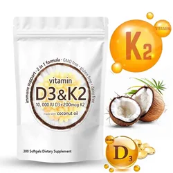 300 Capsules 2 in 1 Vitamin D3+K2 Oil of Coconut Softgels Joint, Bone and Immune Health Supplement