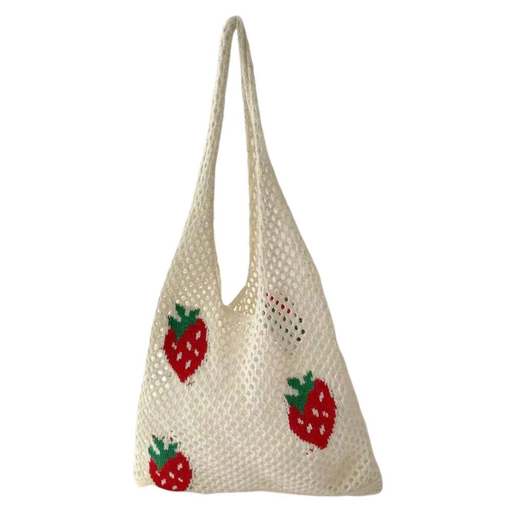 

Women Large Capacity Shoulder Bag Cute Strawberry Cherry Pattern Crochet Tote Bag Casual Handbag Fanny Pack for Daily Office Use