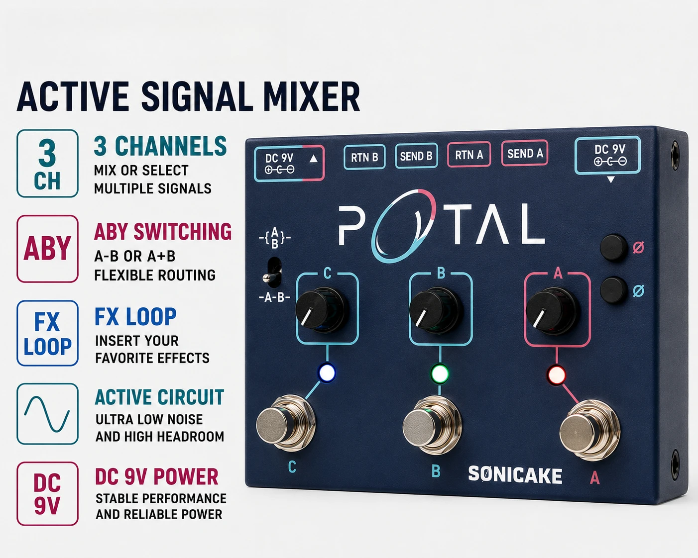 Portal Active Signal Mixer, Analog Line Selector, ABY&FX Loop 3 Channels Multi Effects Pedal Footswitch