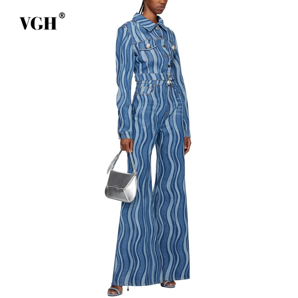 VGH Hit Color Striped Two Piece Sets For Women Lapel Long Sleeve Jackets High Waist Wide Leg Pants Slimming Denim Set Female New