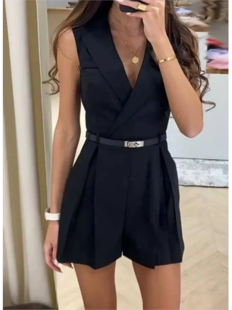 

Fashioin Solid Suit Jumpsuit For Women Elegant Sleeveless V Neck Sashes Shorts Jumpsuits Lady Casual Office Womens Clothing New
